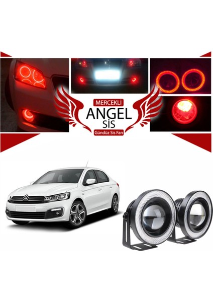 Citroen C Elysee Uyumlu, Universal Mercekli LED Angel Sis Farı, 76MM Kırmızı Renk