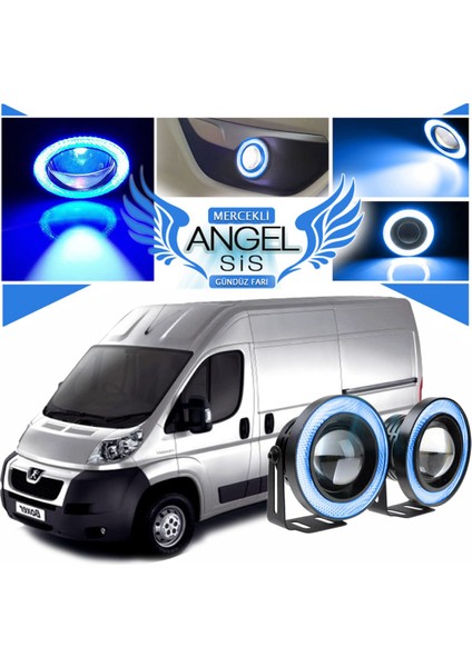 Peugeot Boxer Uyumlu, Universal Mercekli LED Angel Sis Farı, 76MM Buz Mavi Renk