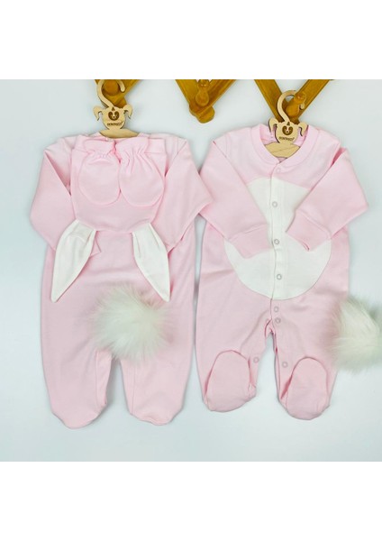 Tavşan Temalı Üçlü Bebek Hastane Çıkışı Yenidoğan Tulum Set - Pembe