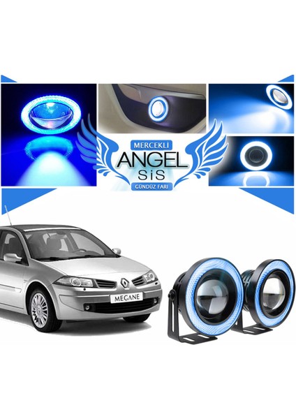 Renault Megane 2 Uyumlu, Universal Mercekli LED Angel Sis Farı, 76MM Buz Mavi Renk