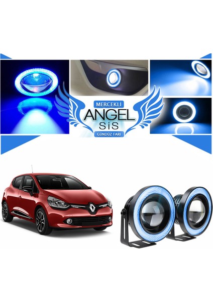 Renault Clio 4 Uyumlu, Universal Mercekli LED Angel Sis Farı, 76MM Buz Mavi Renk