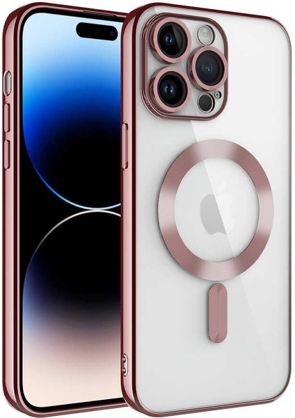 Case 4U Apple iPhone 14 Pro Max Kılıf Kamera Lens Korumalı Magsafe Şarj Kılıfı Şeffaf Renkli Yumuşak Demre Kapak Rose Gold