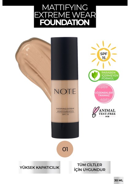 Mattifying Extreme Wear Mat Bitişli SPF 15 Kapatıcı Fondöten 01 Beige