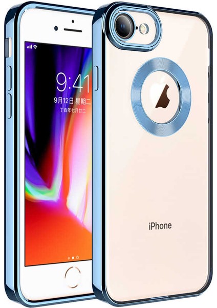 Apple iPhone SE 2022 / SE 2020 Kılıf Kamera Lens Korumalı Şeffaf Renkli Logo Gösteren Parlak Omega Kapak Sierra Mavisi