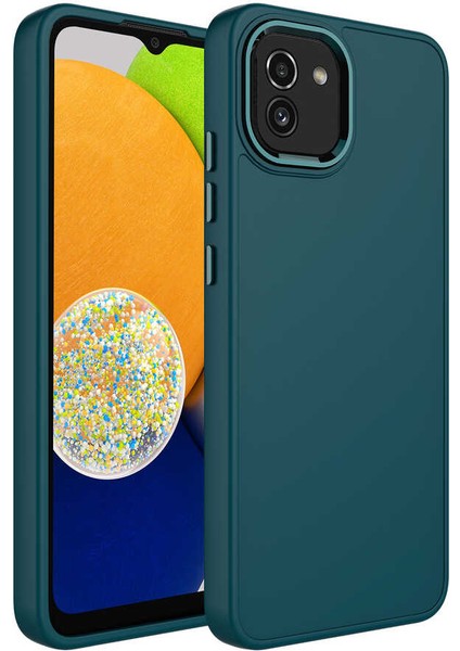 Samsung Galaxy A03 Uyumlu Kılıf Metal Çerçeve Hassas Butonlu Renkli Içi Kadife Lansman Kılıfı Luna Kapak Koyu Yeşil
