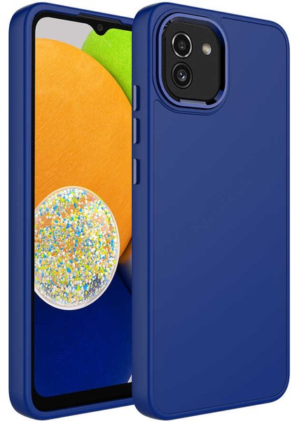 Samsung Galaxy A03 Uyumlu Kılıf Metal Çerçeve Hassas Butonlu Renkli Içi Kadife Lansman Kılıfı Luna Kapak Lacivert