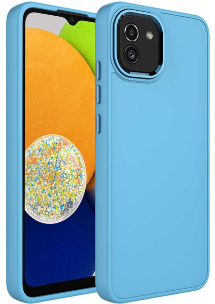 Samsung Galaxy A03 Uyumlu Kılıf Metal Çerçeve Hassas Butonlu Renkli Içi Kadife Lansman Kılıfı Luna Kapak Sierra Mavisi