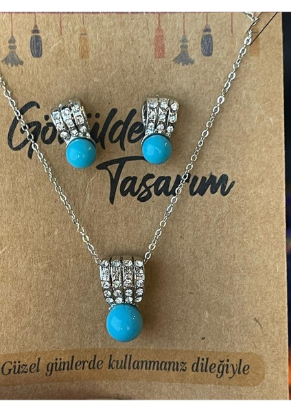 Tasarım Zirkon Taşlı Mavi Boncuklu Kolye Küpe Seti