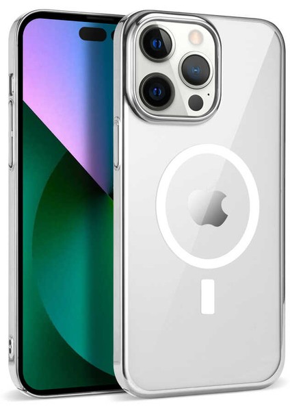 Apple iPhone 14 Pro Max ile Uyumlu Kılıf Magsefe Özellikli Dört Köşe Sert Plastik Pixel Kapak Gümüş