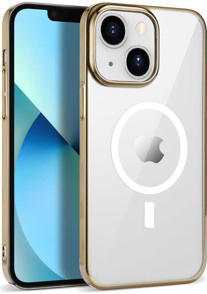 Apple iPhone 14 Plus ile Uyumlu Kılıf Magsefe Özellikli Dört Köşe Sert Plastik Pixel Kapak Gold