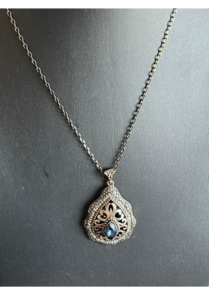 Özel Tasarım Mavi Taşlı Bronz Zirkon Taşlı Tasarım Kolye