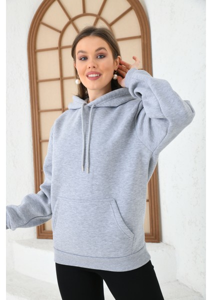 Siyah Unisex Basic Oversize Fit Kapuşonlu Içi Yumuşacık Tüylü Sweatshirt