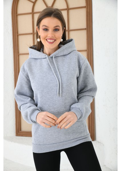 Siyah Unisex Basic Oversize Fit Kapuşonlu Içi Yumuşacık Tüylü Sweatshirt