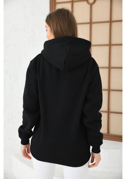 Siyah Unisex Basic Oversize Fit Kapuşonlu Içi Yumuşacık Tüylü Sweatshirt