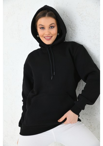 Siyah Unisex Basic Oversize Fit Kapuşonlu Içi Yumuşacık Tüylü Sweatshirt