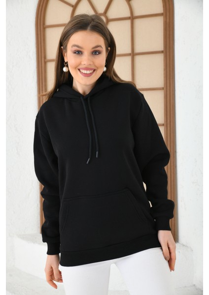 Siyah Unisex Basic Oversize Fit Kapuşonlu Içi Yumuşacık Tüylü Sweatshirt