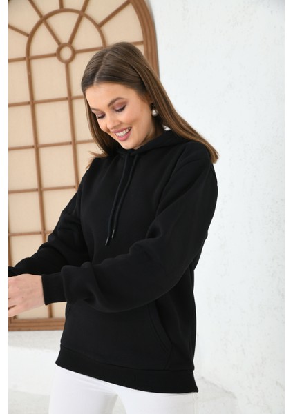 Siyah Unisex Basic Oversize Fit Kapuşonlu Içi Yumuşacık Tüylü Sweatshirt fiyatları