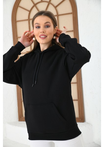 Siyah Unisex Basic Oversize Fit Kapuşonlu Içi Yumuşacık Tüylü Sweatshirt