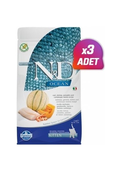 N&D Ocean Morina Balık Karides Balkabağı ve Kavunlu Yavru Kedi Maması 1,5 kg 3 Adet