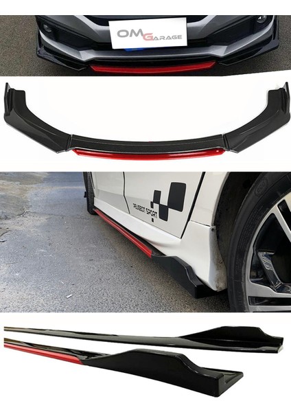 Vw Transporter T5 2003-2015 Kırmızı Şeritli Ön Lip ve Yan Marşpiyel Seti Piona Black