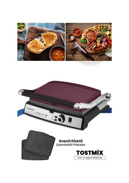 Tostmix Mürdüm Paslanmaz Çelik 2000 Watt Granit Çıkarılabilir Plakalı Tost ve Izgara Makinesi