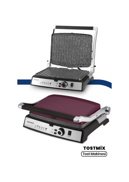 Tostmix Mürdüm Paslanmaz Çelik 2000 Watt Granit Çıkarılabilir Plakalı Tost ve Izgara Makinesi