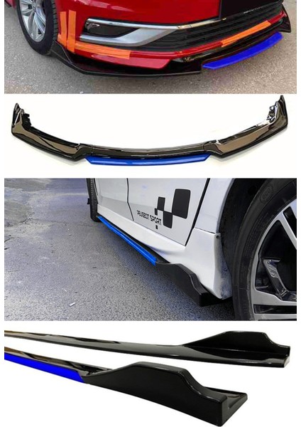 Honda Hr-V 1998-2005 Mavi Şeritli Ön Lip ve Yan Marşpiyel Seti Mavi