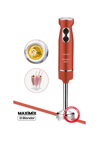 Maximix Vişne Kırmızı 1000 Watt 4 Bıçaklı Paslanmaz Çelik Turbo Hız Ayarlı El Blender