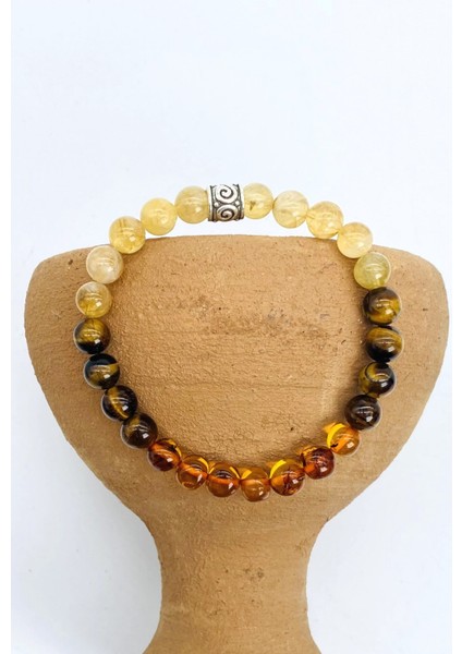 Sertifikalı Dönüşümlü Sitrin, Kaplan Gözü, Kehribar Doğal Taş Bileklik 8 mm fiyatları