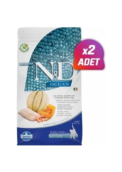 N&D Ocean Morina Balık Karides Balkabağı ve Kavunlu Yavru Kedi Maması 1,5 kg 2 Adet