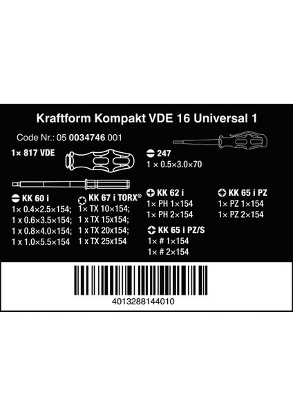 Vde 16 Kf Kompakt Elektrikçi Tornavida Seti 05003474001
