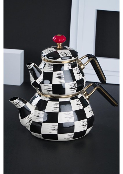 Qualita King Emaye Dama Dekor Tombul Çaydanlık