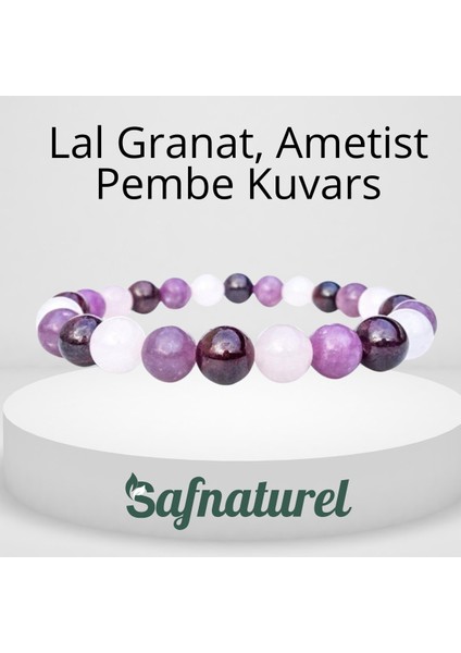 Uykusuzluk Bilekliği Lal Granat, Ametist Pembe Kuvars Doğal Taş Bileklik