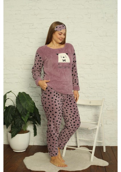 Kadın Cepli Puantiyeli Büyük Beden Polar Pijama Takımı 2141