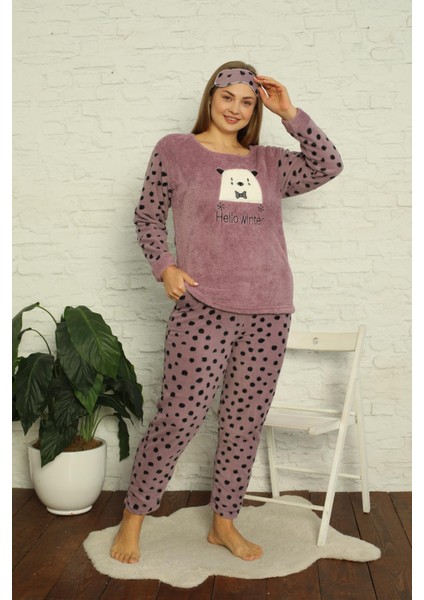 Kadın Cepli Puantiyeli Büyük Beden Polar Pijama Takımı 2141