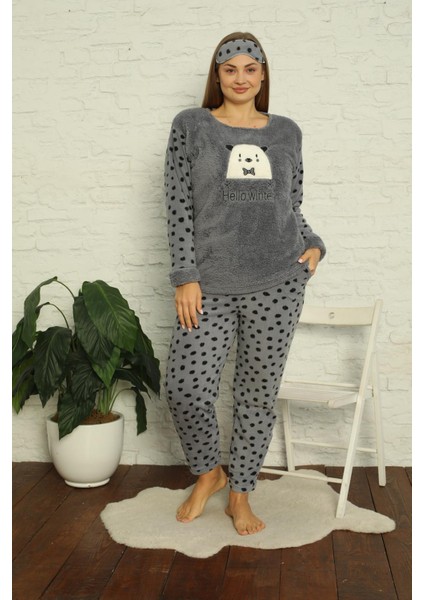 Kadın Cepli Puantiyeli Büyük Beden Polar Pijama Takımı 2141