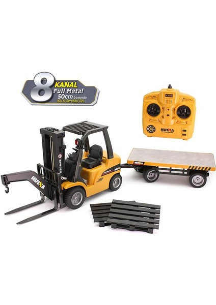 Huına 1/10 Yüksek Kalite Rc Model Dorseli Forklift Uzaktan Kumandalı Metal Iş Makinası - 2.4g 10 Kanal Full Fonksiyon Sesli ve Işıklı - 1576