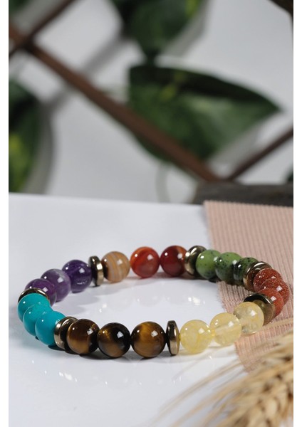 Sertifikalı Turkuaz Yeşim Akik Dönüşümlü Sitrin Doğal Taş Bileklik 8 mm