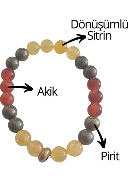 Sertifikalı Pirit, Dönüşümlü Sitrin, Akik Doğal Taş Bileklik 8 mm