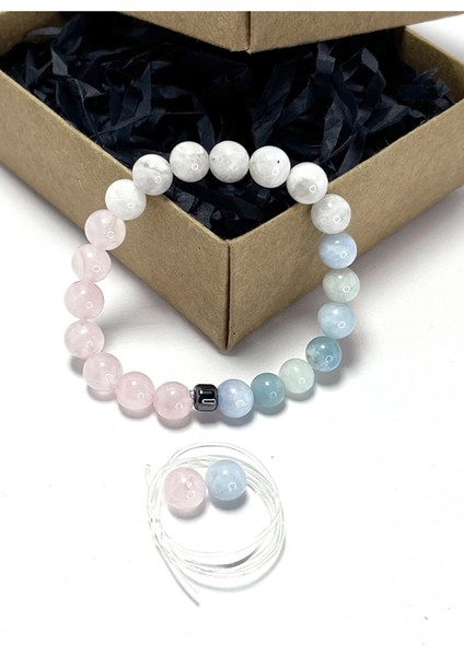 Sertifikalı Ay Taşı, Akuamarin, Pembe Kuvars Doğal Taş 8 mm Bileklik