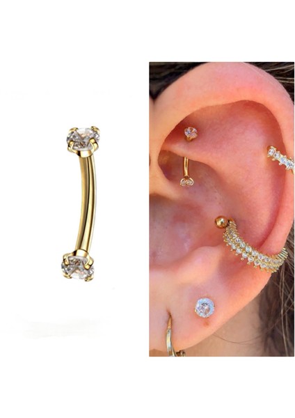 Cerrahi Çelik Zirkon Taşlı Rook , Kaş Muz Piercing -Bar Boy 6mm- 1 Adet