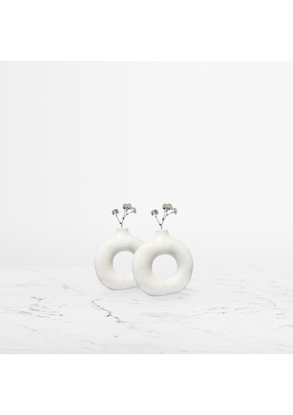 El Yapımı Beton Bohem Donut Dekoratif Vazo 2'li Set Beyaz