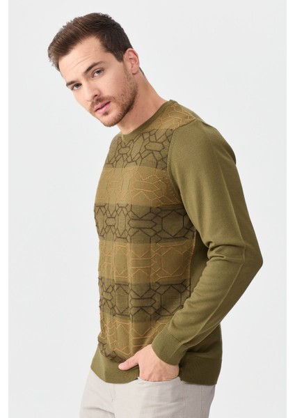 Erkek Önü Desenli Yün Kazak 2611 Haki fırsatları