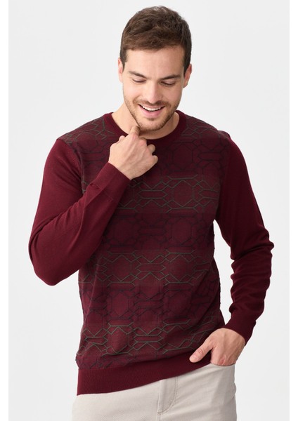 Erkek Önü Desenli Yün Kazak 2611 Bordo