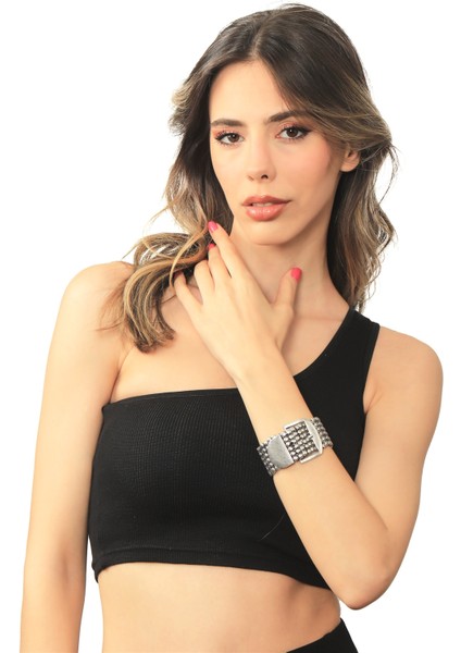 Kadın Antik Gümüş Kaplama Esnek Lastikli Band Ayarlanabilir Saat Kordonu Model Geniş Bileklik fırsatları