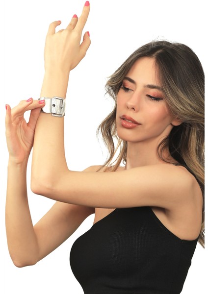 Kadın Antik Gümüş Kaplama Esnek Lastikli Band Ayarlanabilir Saat Kordonu Model Geniş Bileklik