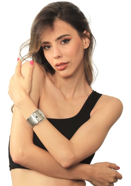 Kadın Antik Gümüş Kaplama Esnek Lastikli Band Ayarlanabilir Saat Kordonu Model Geniş Bileklik