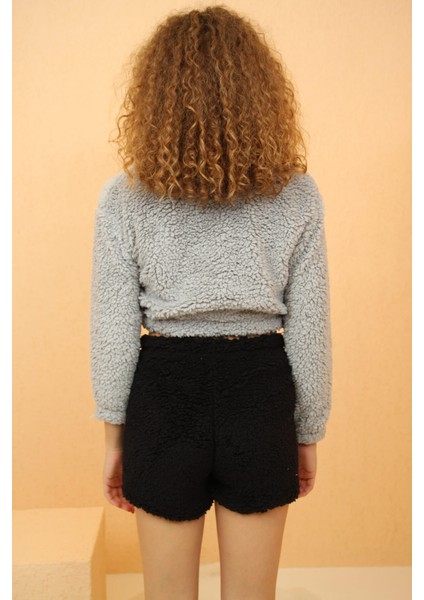 Gri Tiger Desenli Crop Poodle Peluş Pijama Takımı