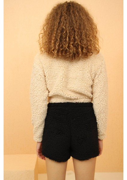 Ekru Tiger Desenli Crop Poodle Peluş Pijama Takımı