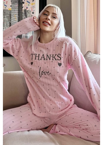 Toz Pembe Thanks Desenli Peluş Polar Pijama Takımı